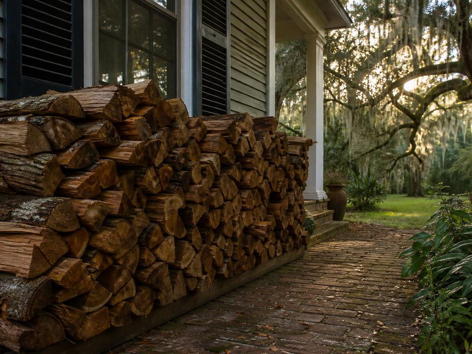 Stacked seasoned firewood on a Louisiana porch
