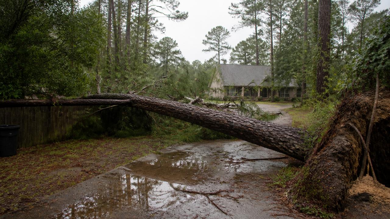 Downed slash pine across a Louisiana driveway